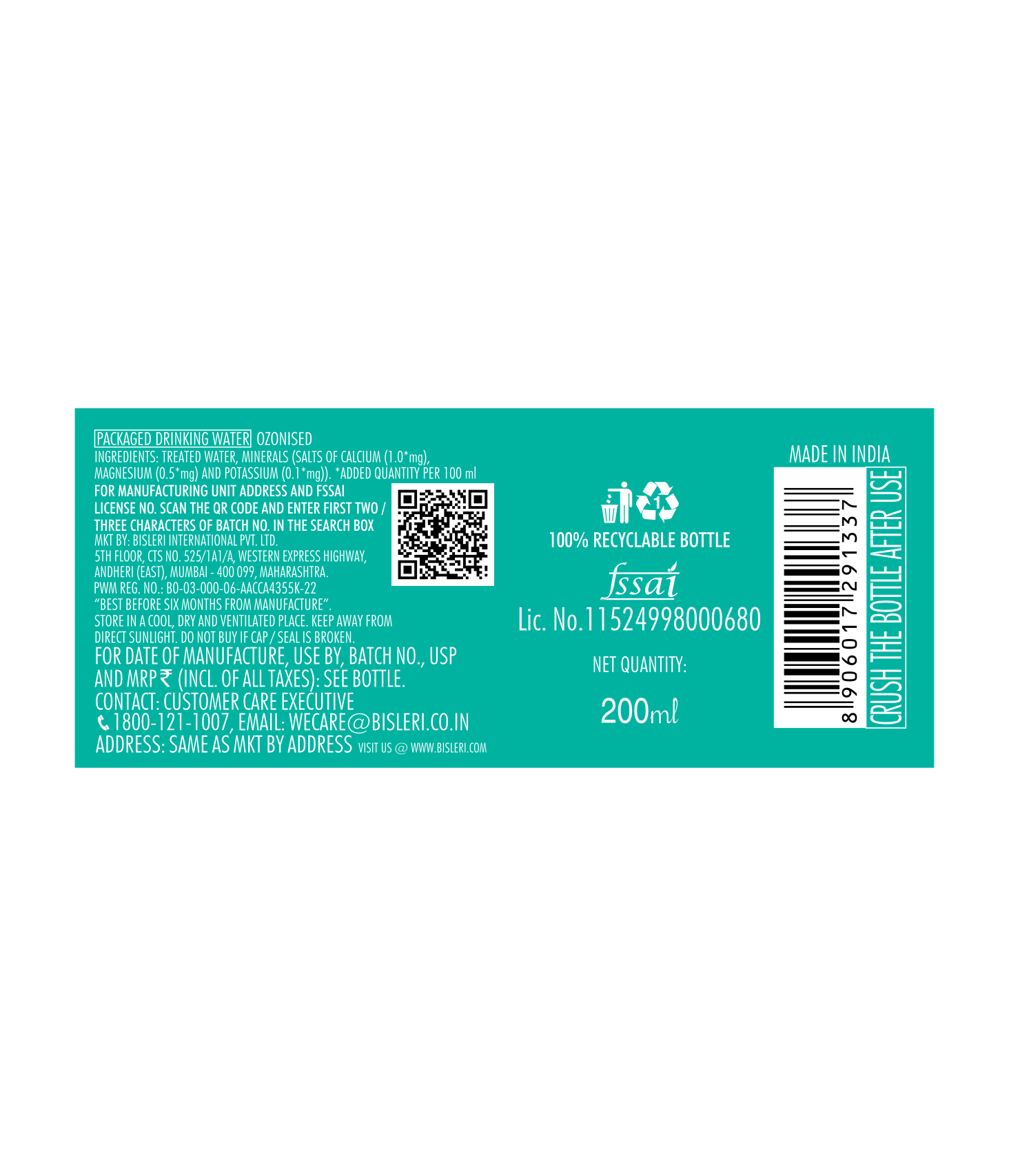 Bisleri 200 ML Water Bottles ingredient